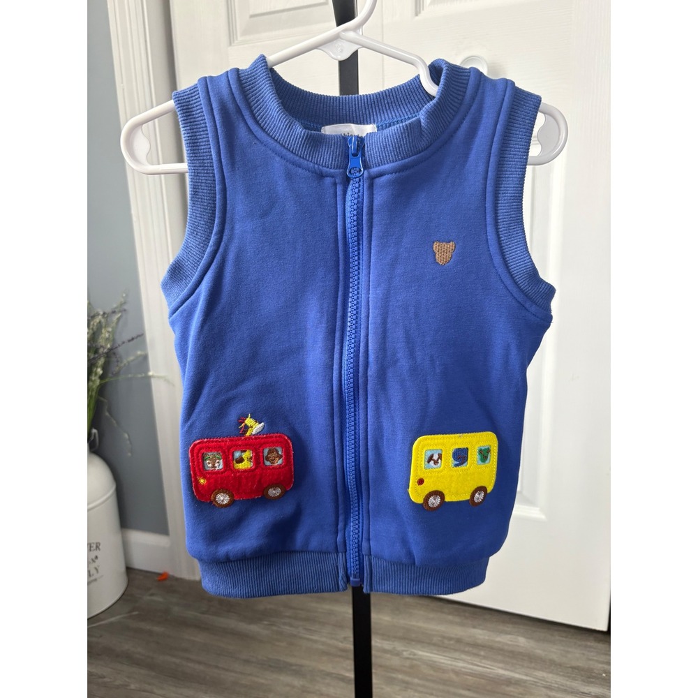 Mud Kingdom Kids Blue‎ Full Zip Fleece Lined Vest Animal Bus Patches Size 100